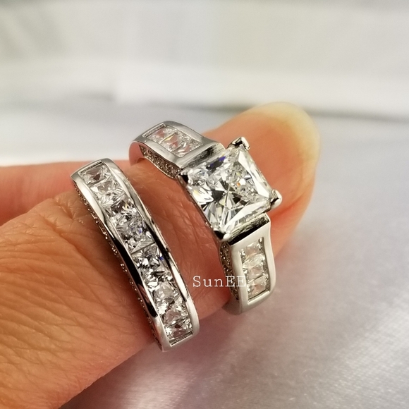 NEW STERLING SILVER HIS HERS PRINCESS DIAMOND WEDDING RINGS ENGAGEMENT R… - Picture 5 of 5